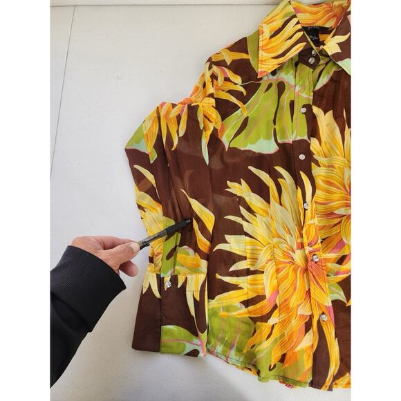 Body By Victoria Secrets Shirt Medium Brown Yellow Silk Floral Button Top Groovy - Picture 7 of 15